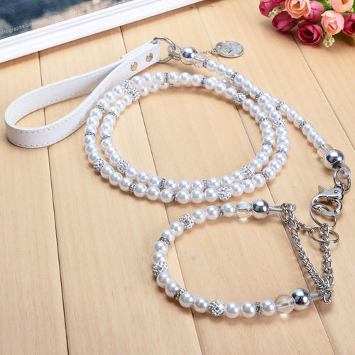 Silver Pearl Pet Collar Leash And Collar Set