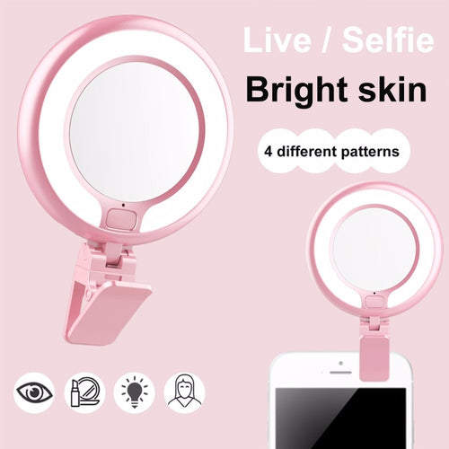 Adjustable Mini Clip LED Selfie Ring Flash Light for Phone With USB Charging Mirror